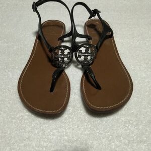 Tory Burch Black Leather Sandals with Signature Medallion